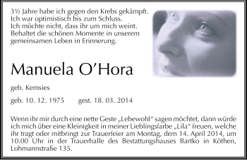 Traueranzeige von Manuela O’Hora von Mitteldeutsche Zeitung Köthen