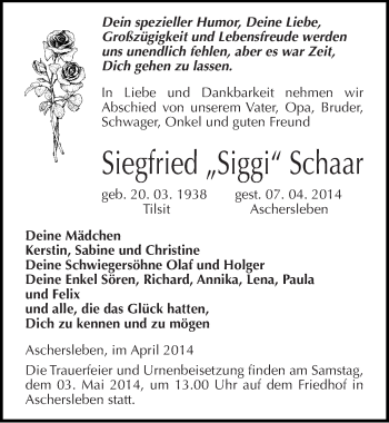 Traueranzeige von Siegfried Schaar von Mitteldeutsche Zeitung Aschersleben
