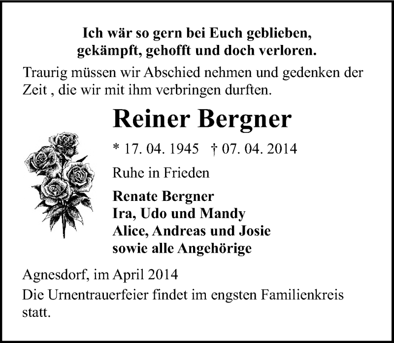  Traueranzeige für Reiner Bergner vom 12.04.2014 aus Mitteldeutsche Zeitung Sangerhausen