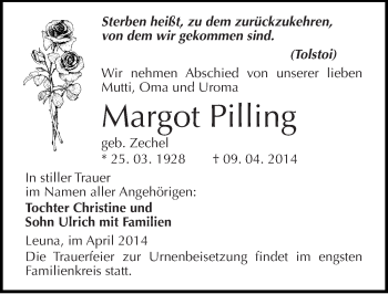 Traueranzeige von Margot Pilling von Mitteldeutsche Zeitung Merseburg/Querfurt