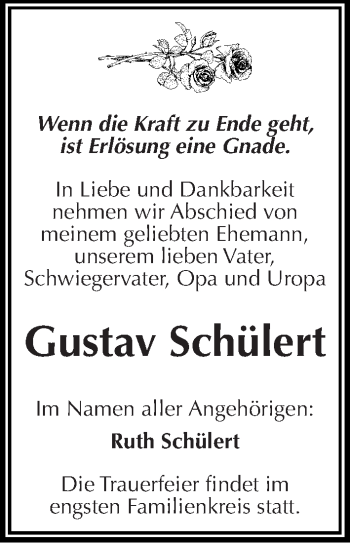 Traueranzeige von Gustav Schülert von Mitteldeutsche Zeitung Halle/Saalkreis