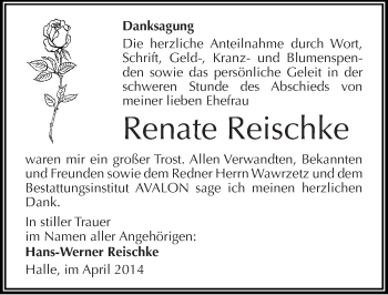 Traueranzeige von Renate Reischke von Mitteldeutsche Zeitung Halle/Saalkreis