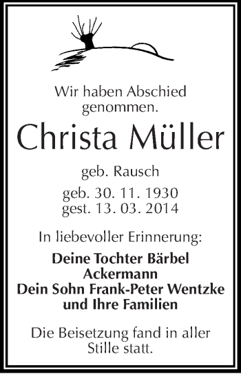 Traueranzeige von Christa Müller von Mitteldeutsche Zeitung Halle/Saalkreis