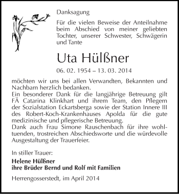 Traueranzeige von Uta Hülßner von Mitteldeutsche Zeitung Naumburg/Nebra