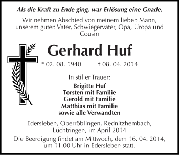 Traueranzeige von Gerhard Huf von Mitteldeutsche Zeitung Sangerhausen