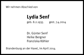 Traueranzeige von Lydia Senf von Mitteldeutsche Zeitung Quedlinburg