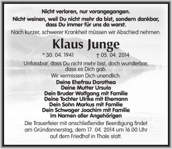Traueranzeige von Klaus Junge von Mitteldeutsche Zeitung Quedlinburg
