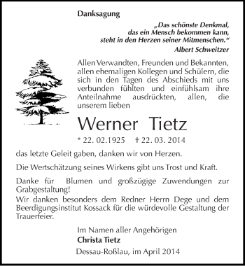 Traueranzeige von Werner Tietz von Mitteldeutsche Zeitung Dessau-Roßlau
