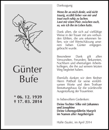 Traueranzeige von Günter Bufe von Mitteldeutsche Zeitung Halle/Saalkreis