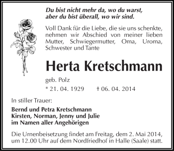 Traueranzeige von Herta Kretschmann von Mitteldeutsche Zeitung Halle/Saalkreis