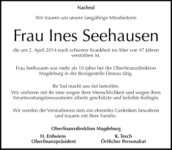 Traueranzeige von Ines Seehausen von Mitteldeutsche Zeitung Mansfelder Land