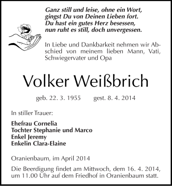 Traueranzeige von Volker Weißbrich von Mitteldeutsche Zeitung