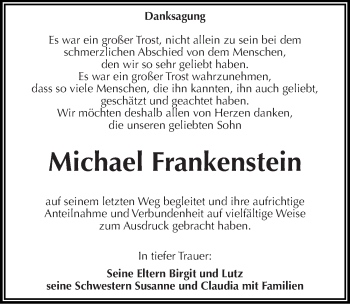 Traueranzeige von Michael Frankenstein von Mitteldeutsche Zeitung Halle/Saalkreis