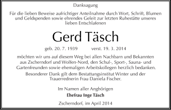 Traueranzeige von Gerd Täsch von Mitteldeutsche Zeitung Bitterfeld