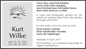 Traueranzeige von Kurt Wilke von Mitteldeutsche Zeitung Mansfelder Land
