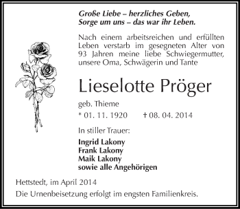 Traueranzeige von Lieselotte Pröger von Mitteldeutsche Zeitung Mansfelder Land