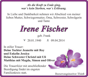 Traueranzeige von Irene Fischer von Mitteldeutsche Zeitung Quedlinburg