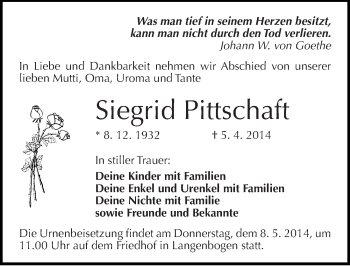 Traueranzeige von Siegrid Pittschaft von Mitteldeutsche Zeitung Halle/Saalkreis