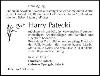 Traueranzeige von Harry Patecki von Mitteldeutsche Zeitung