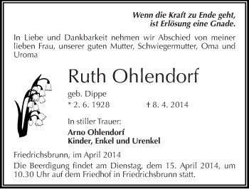 Traueranzeige von Ruth Ohlendorf von Mitteldeutsche Zeitung Quedlinburg