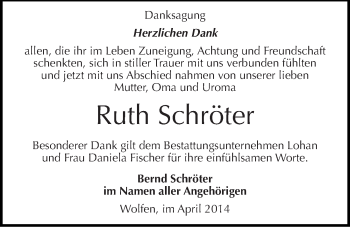 Traueranzeige von Ruth Schröter von Mitteldeutsche Zeitung Bitterfeld