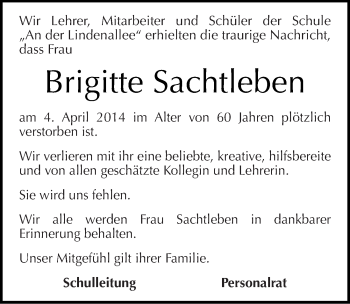 Traueranzeige von Brigitte Sachtleben von Mitteldeutsche Zeitung Bitterfeld
