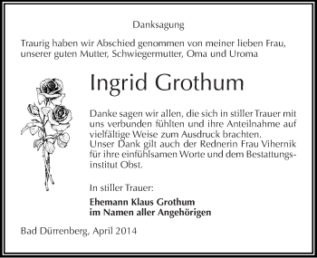 Traueranzeige von Ingrid Grothum von Mitteldeutsche Zeitung Merseburg/Querfurt