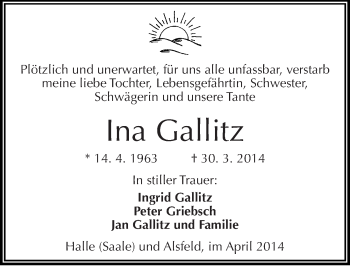 Traueranzeige von Ina Gallitz von Mitteldeutsche Zeitung Halle/Saalkreis