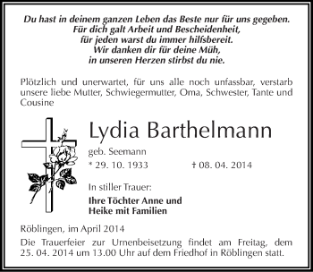 Traueranzeige von Lydia Barthelmann von Mitteldeutsche Zeitung Mansfelder Land