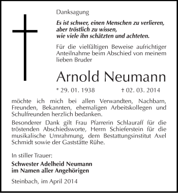 Traueranzeige von Arnold Neumann von Mitteldeutsche Zeitung Naumburg/Nebra