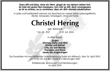 Traueranzeige von Christel Hering von Mitteldeutsche Zeitung Sangerhausen