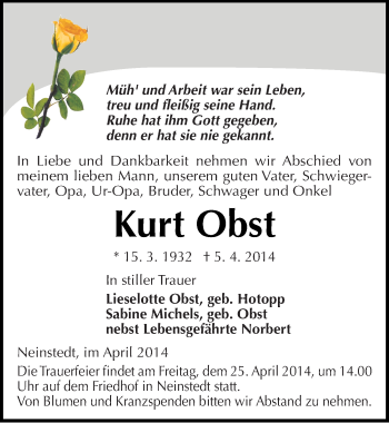 Traueranzeige von Kurt Obst von Mitteldeutsche Zeitung Quedlinburg