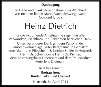 Traueranzeige von Heinz Dietrich von Mitteldeutsche Zeitung Mansfelder Land