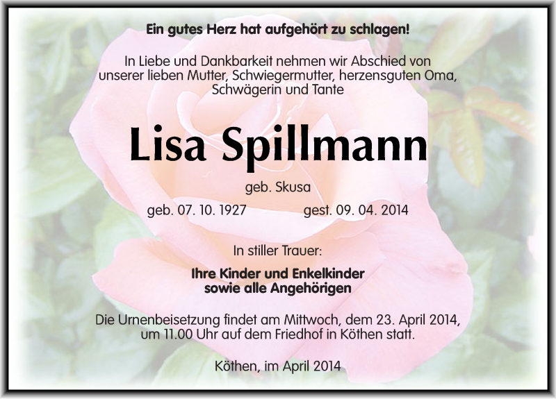  Traueranzeige für Lisa Spillmann vom 12.04.2014 aus Mitteldeutsche Zeitung Köthen