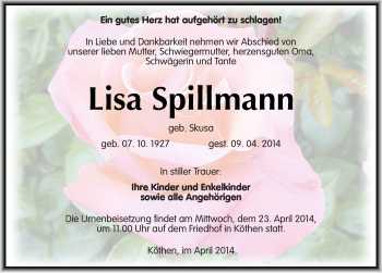 Traueranzeige von Lisa Spillmann von Mitteldeutsche Zeitung Köthen