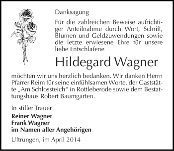 Traueranzeige von Hildegard Wagner von Mitteldeutsche Zeitung Sangerhausen