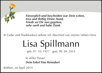 Traueranzeige von Lisa Spillmann von Mitteldeutsche Zeitung Köthen