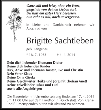 Traueranzeige von Brigitte Sachtleben von Mitteldeutsche Zeitung Bitterfeld