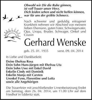 Traueranzeige von Gerhard Wenske von Mitteldeutsche Zeitung Köthen