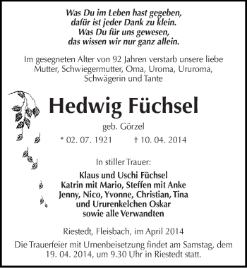 Traueranzeige von Hedwig Füchsel von Mitteldeutsche Zeitung Sangerhausen