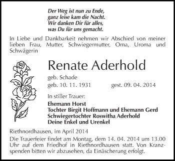 Traueranzeige von Renate Aderhold von Mitteldeutsche Zeitung Sangerhausen
