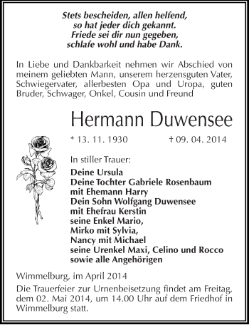 Traueranzeige von Hermann Duwensee von Mitteldeutsche Zeitung Mansfelder Land
