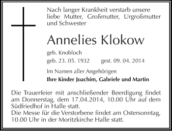 Traueranzeige von Annelies Klokow von Mitteldeutsche Zeitung Halle/Saalkreis