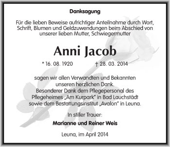 Traueranzeige von Anni Jacob von Mitteldeutsche Zeitung Merseburg/Querfurt