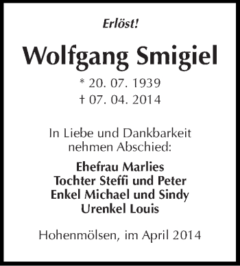 Traueranzeige von Wolfgang Smigiel von Mitteldeutsche Zeitung Weißenfels