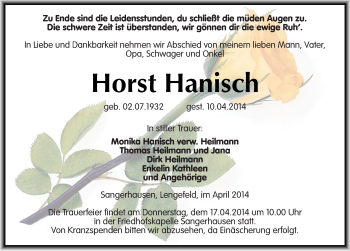 Traueranzeige von Horst Hanisch von Mitteldeutsche Zeitung Sangerhausen