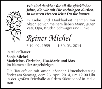 Traueranzeige von Reiner Michel von Mitteldeutsche Zeitung Halle/Saalkreis