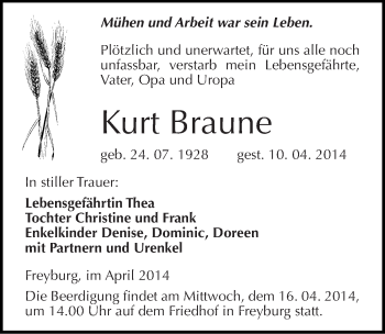 Traueranzeige von Kurt Braune von Mitteldeutsche Zeitung Naumburg/Nebra