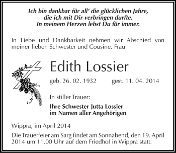Traueranzeige von Edith Lossier von Mitteldeutsche Zeitung Mansfelder Land