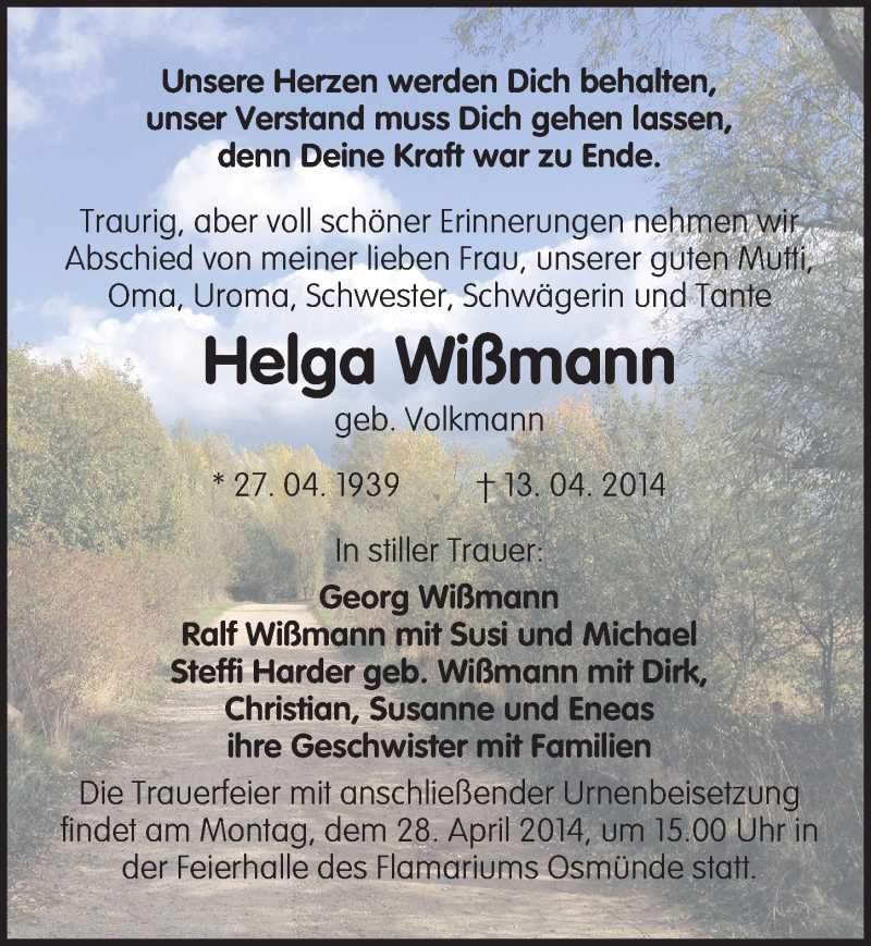  Traueranzeige für Helga Wißmann vom 16.04.2014 aus Mitteldeutsche Zeitung Halle/Saalkreis